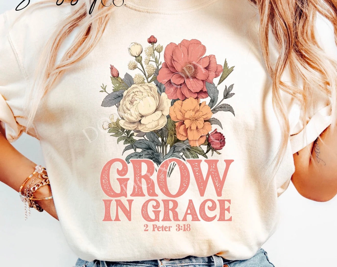 Grown In Grace 2 Peter 3:18, T-Shirt, Off White Neutral Color Shirt. Faith, Christian Shirt, Floral
