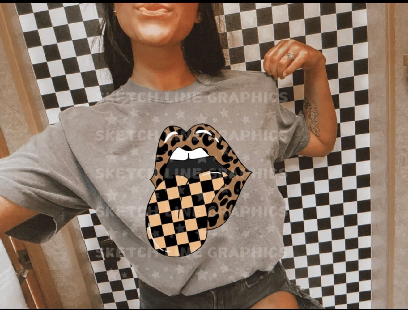 Rolling Stones Lip Mouth T-Shirt, Checkered Print, Leopard!