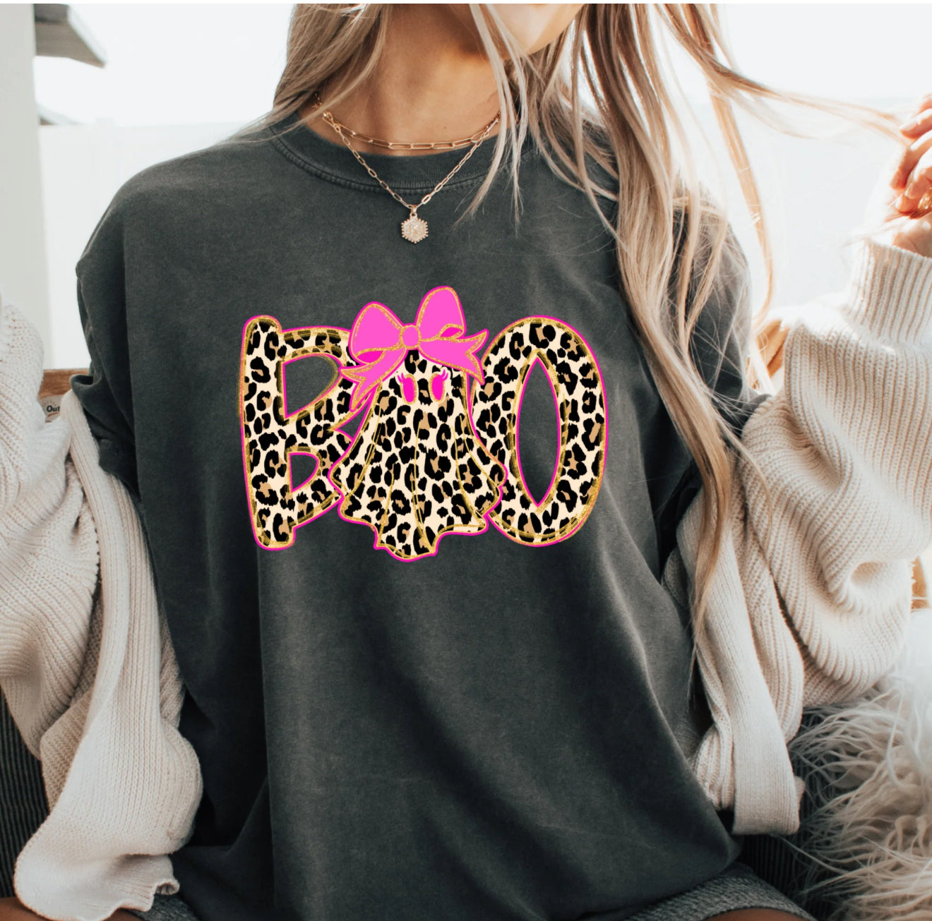 Boo Ghosty T-Shirt, Animal Print, Leopard & Bow, Halloween Theme! Gray Shirt!