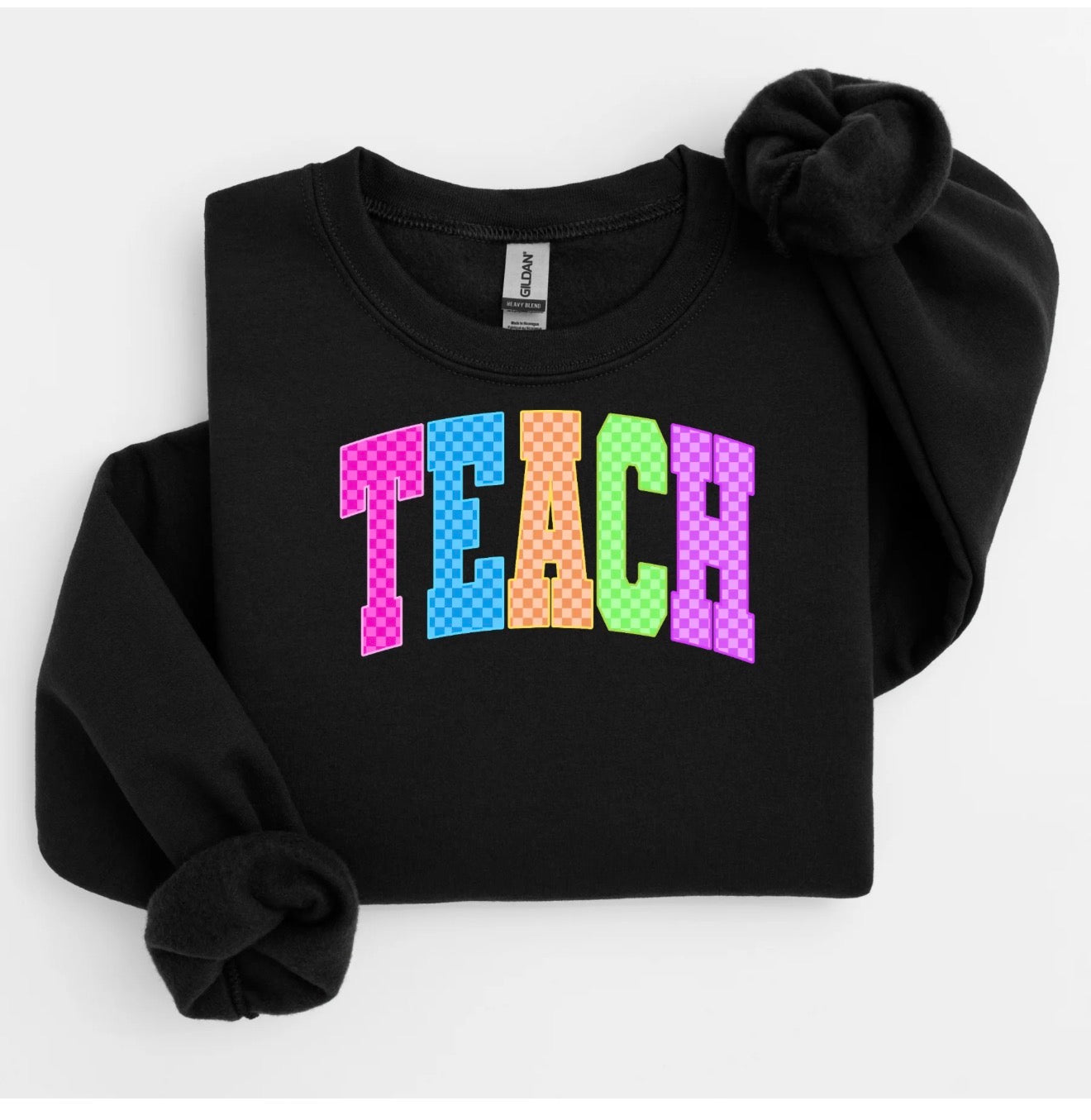 Black Long Sleeve Sweatshirt | Sweater | Fleece| Gildan| Or T-Shirt | Neon Teach Print| Teacher Shirt| Checkered