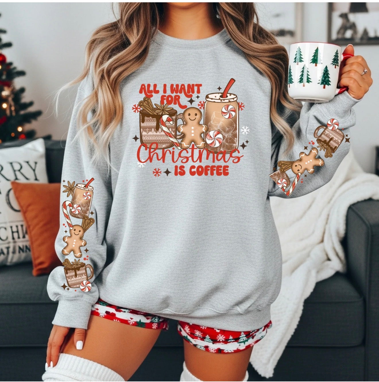 Gray - Crewneck Fleece inside Sweatshirt - Gildan - All I Want For Christmas Is Coffee - Christmas Sweatshirt - Pull Over - Women's Wear- Would Make Such A Great Gift!