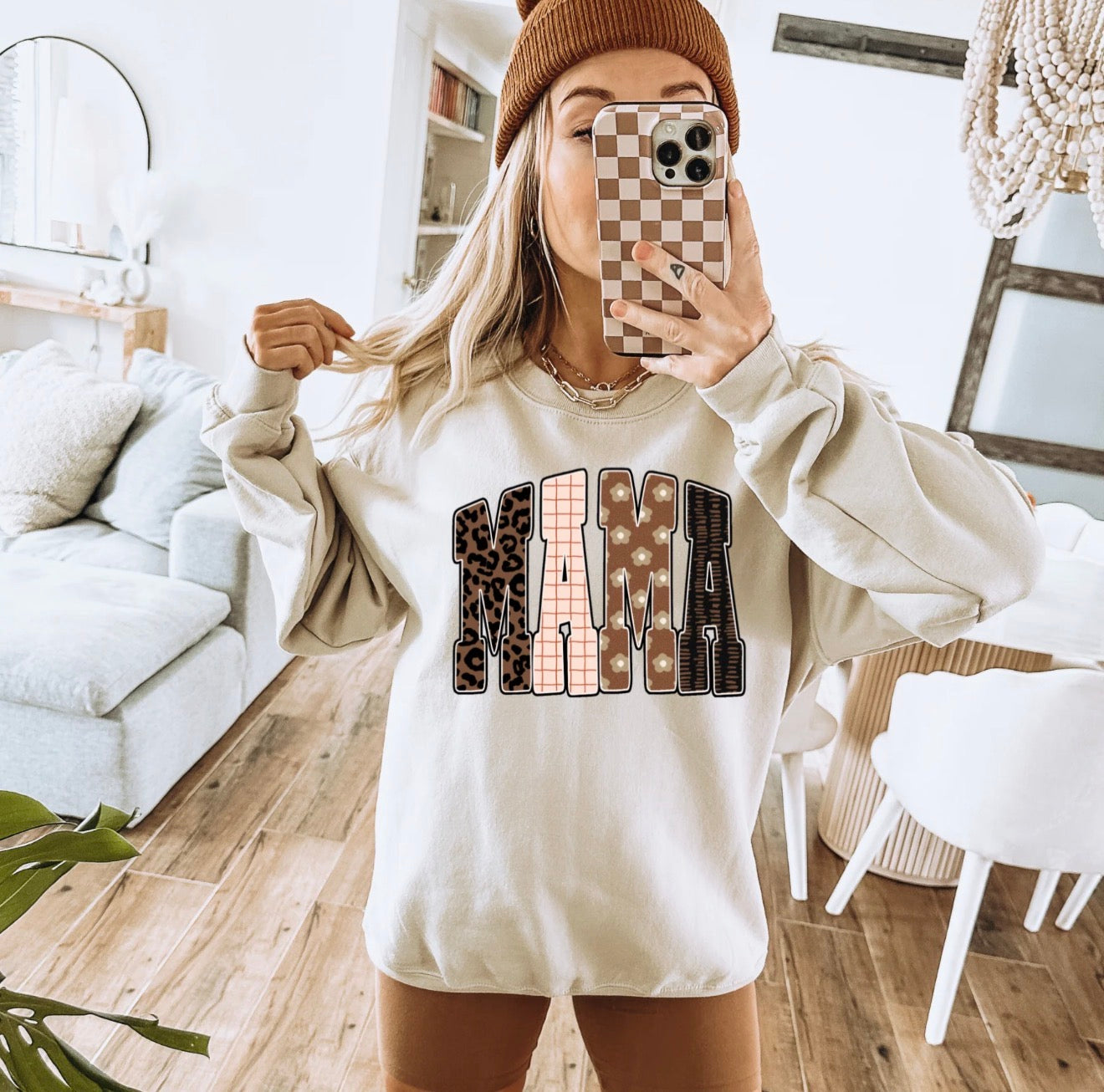 Patterned Mama | Sand Color Sweater | Long Sleeve Crewneck | Heavy Blend 50/50 Fleece Crew