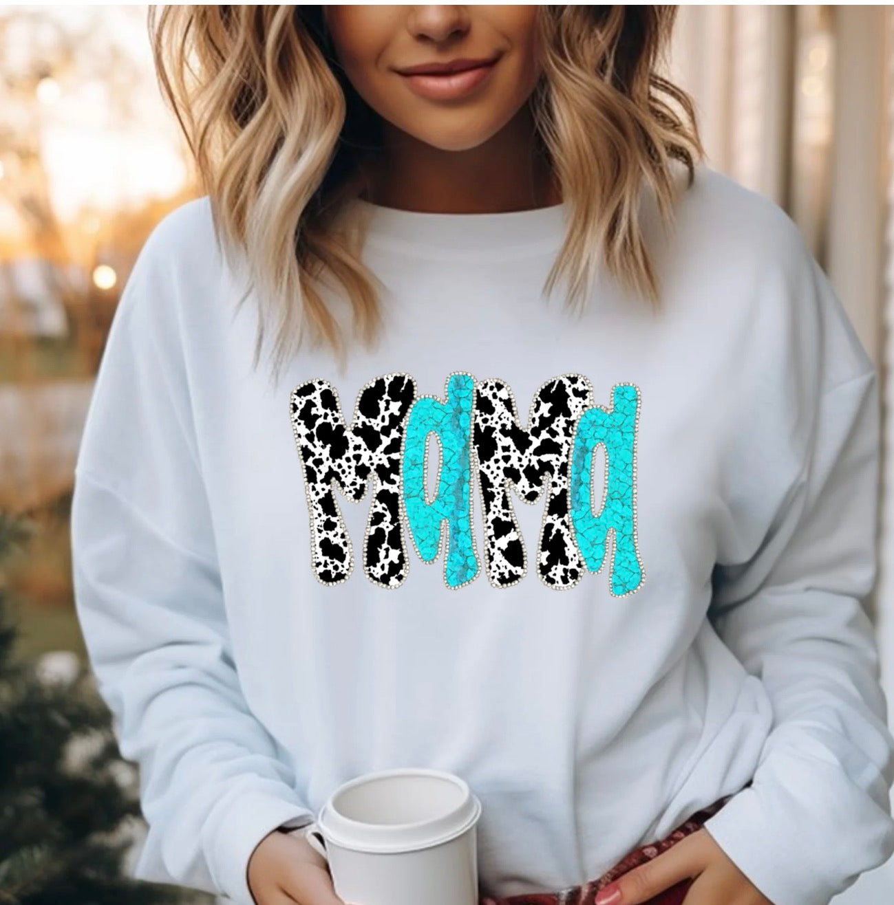 Western Mama | Long Sleeve Crew or Short Sleeve T-Shirt! - Cow Print/Teal Stone Print! Matte
