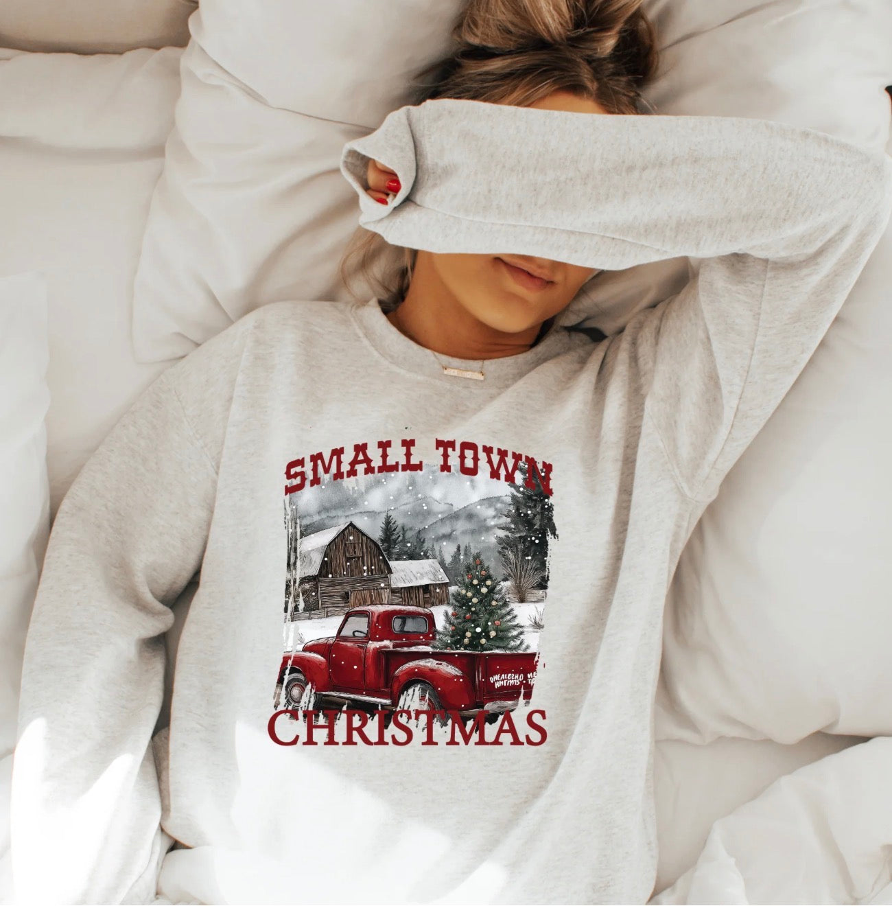 Crew Ash- Sweatshirt- Long Sleeve Fleece- Small Town Christmas Holiday Shirt