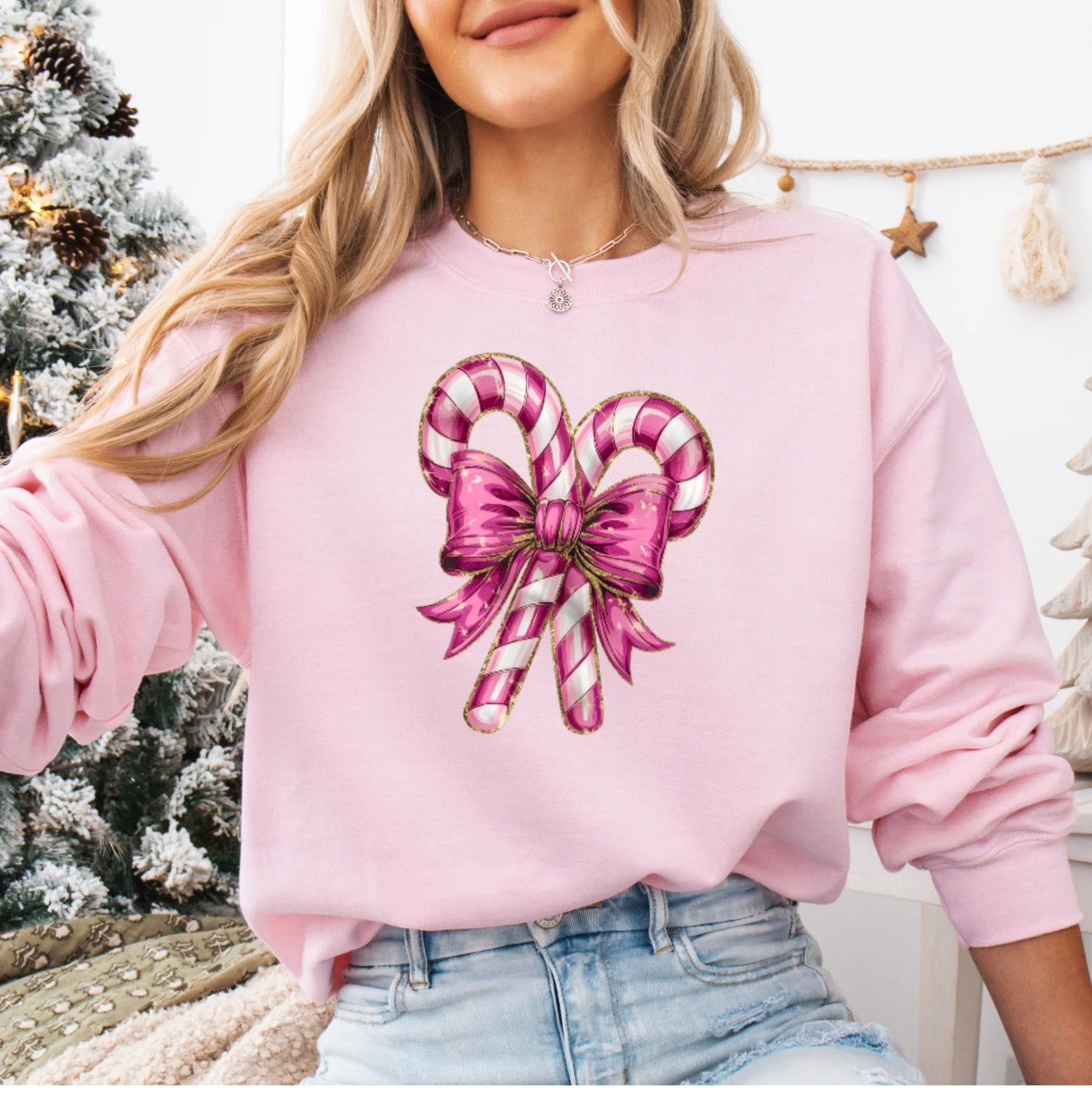 Crew Long Sleeve Fleece Sweatshirt- Candy Canes - Matte - Light Pink Gildan Shirt Top Casual Sweater