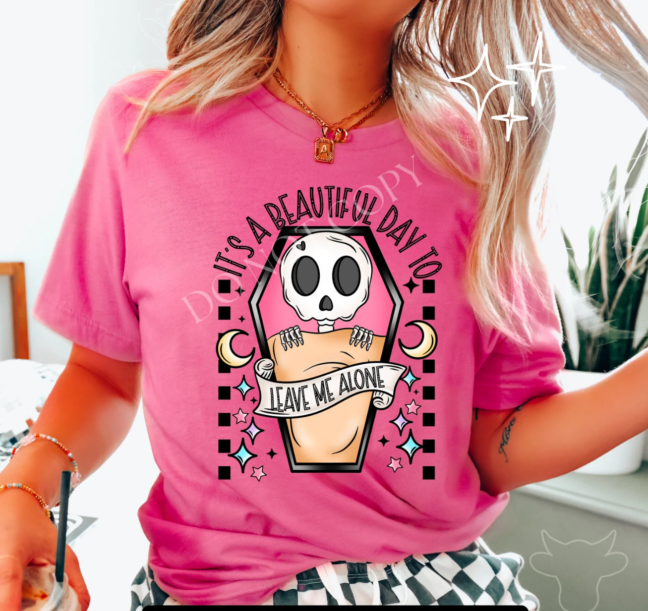 Pink Graphic T-Shirt| It’s A Beautiful Day To Leave Me Alone| skeleton Coffin Glitter Design!