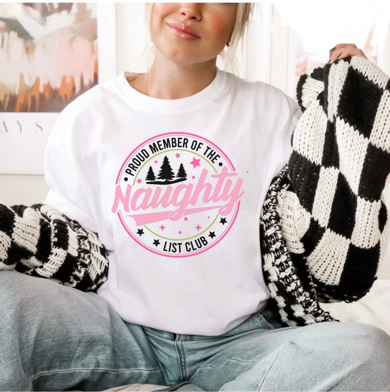 White T-Shirt With Christmas Design! Proud Member Of The Naughty List Club!