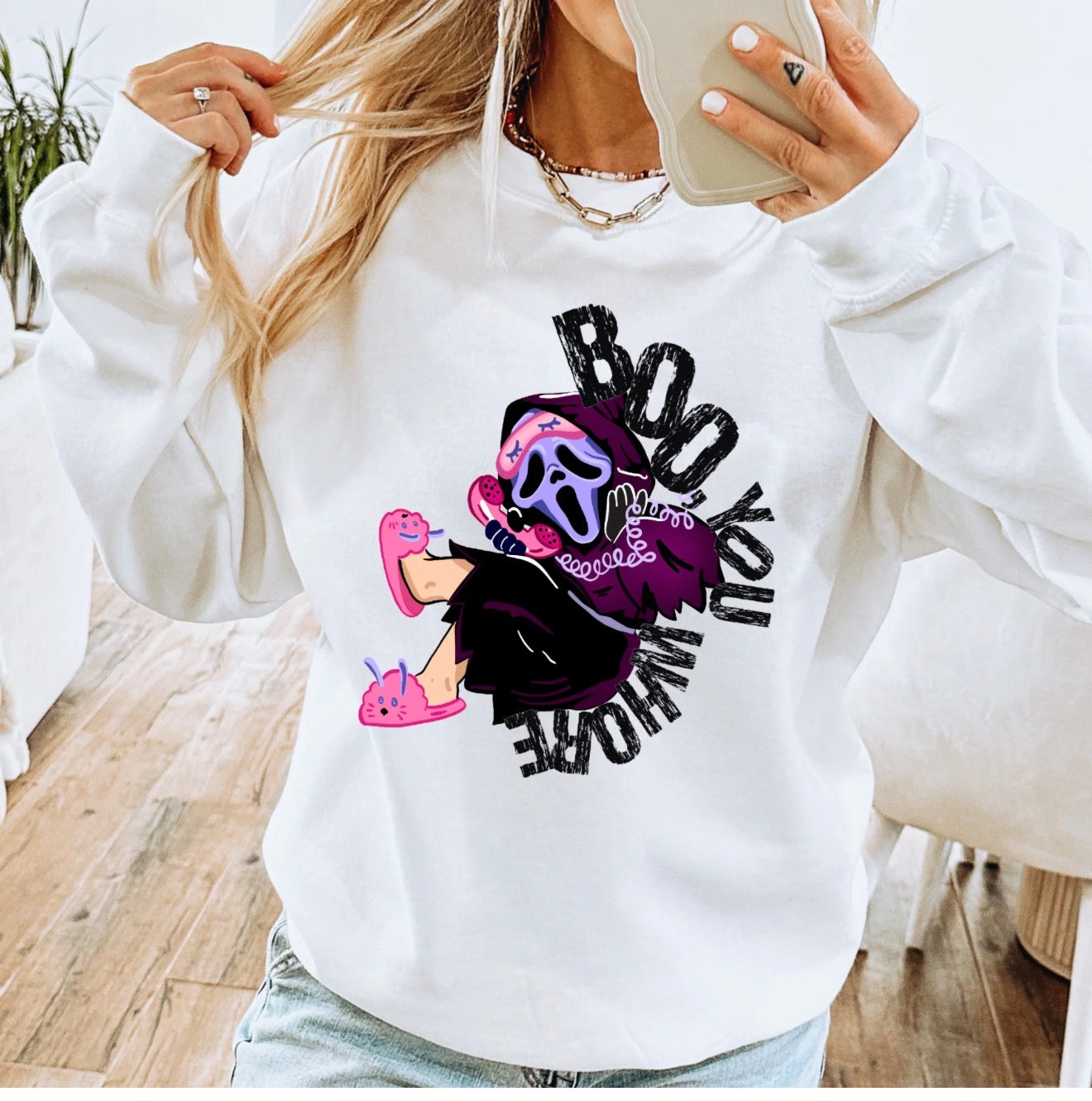 White Graphic T-Shirt| Sweater Long Sleeve | Boo You Whore Design| Scary Movie Theme
