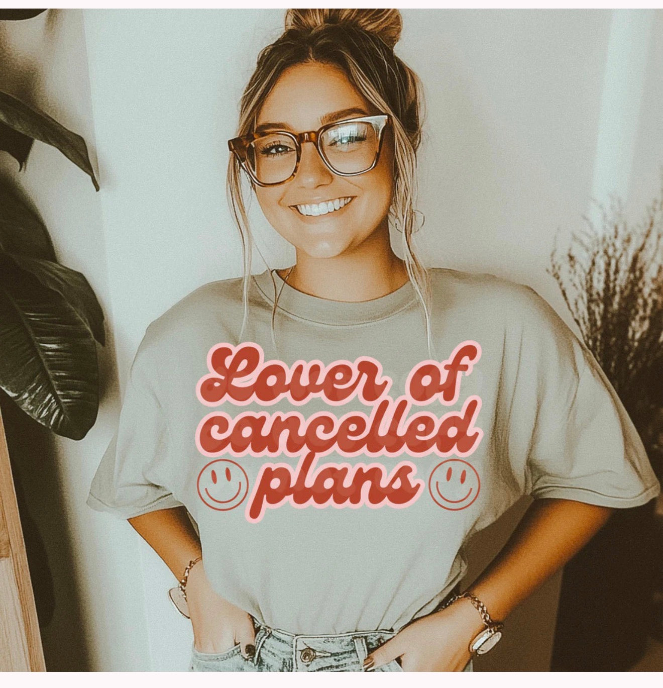 Graphic T-Shirt, Glitter Design| Lover Of Cancelled Plans| Smiley Face! Neutral color shirt!