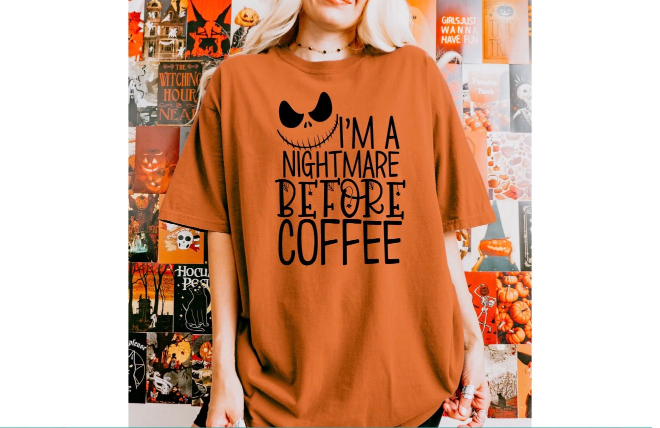 Halloween T-Shirt | Burnt Orange | Design I’m A Nightmare Before Coffee, Jack Smiley Face! Spiders!
