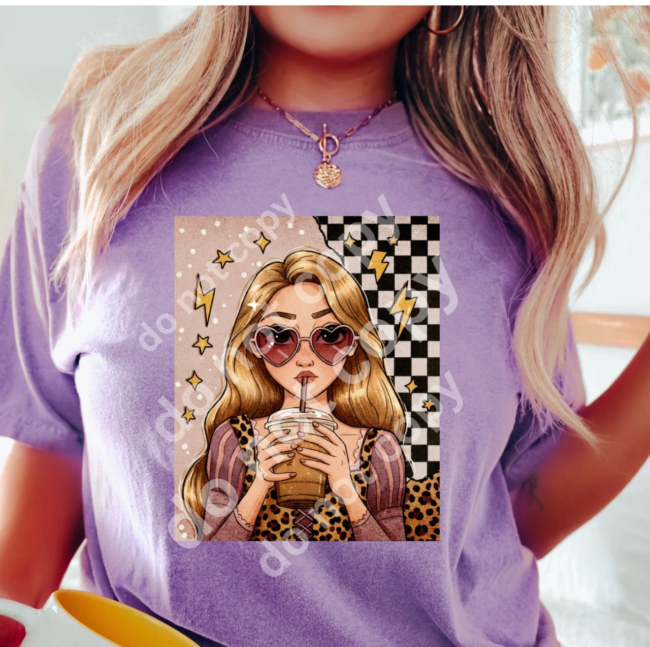 Graphic T-Shirt | Drinking Iced Coffee | Trendy | Checkered | Animal Print & Heart Sunglasses