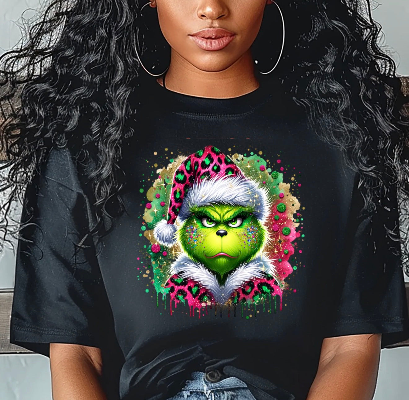 Black T-Shirt | Bright Splash Of Colors & Christmas Grinch! Melty Drip!