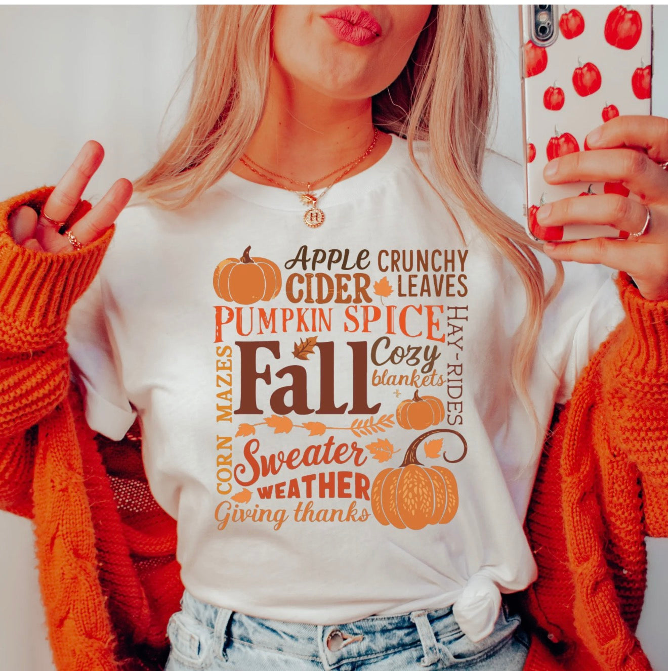 Beige|Off White T-Shirt| Fall Words Collage & Pumpkins Shirt!