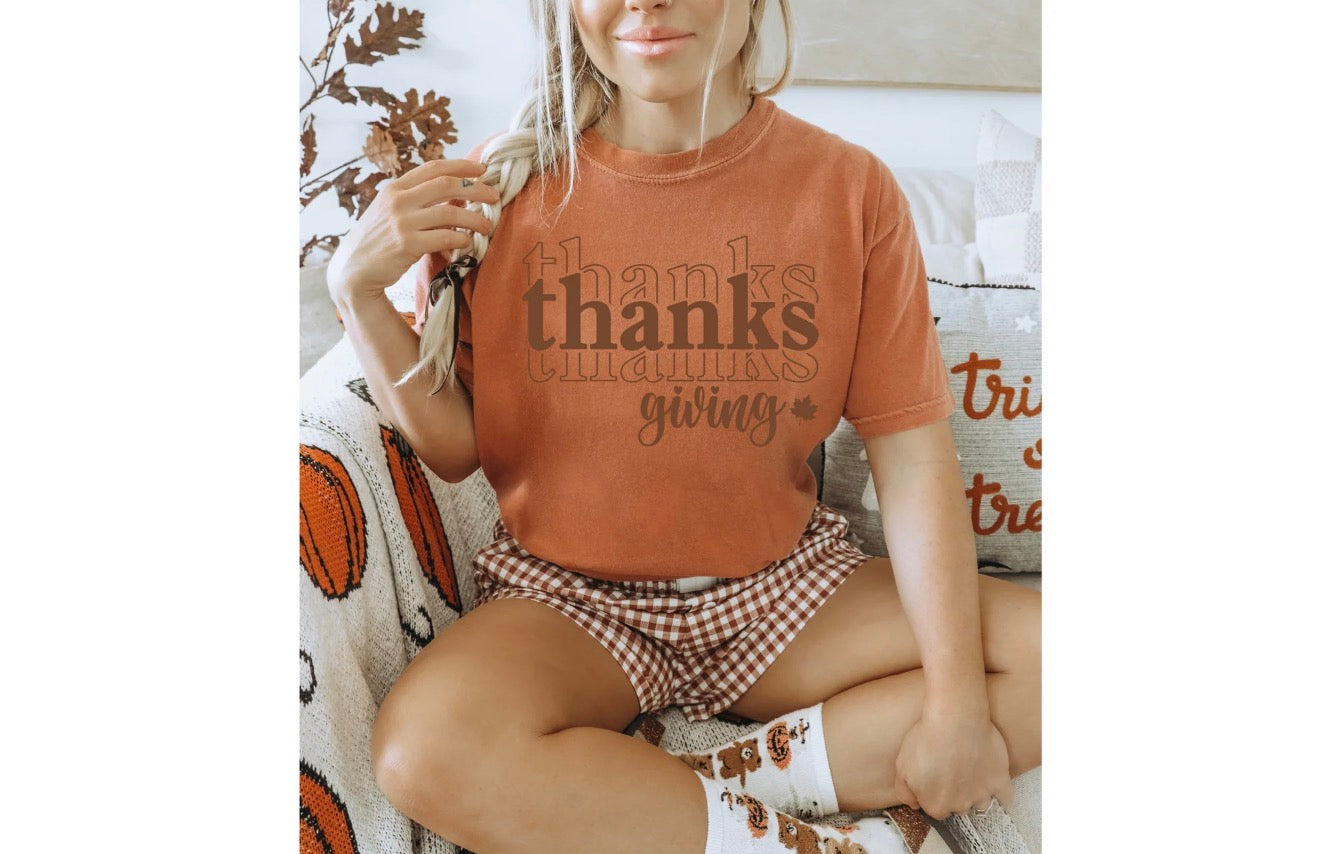 Burnt Orange T-Shirt Or White with Thanksgiving Design | Thanks Thanks Thanksgiving with Leaf