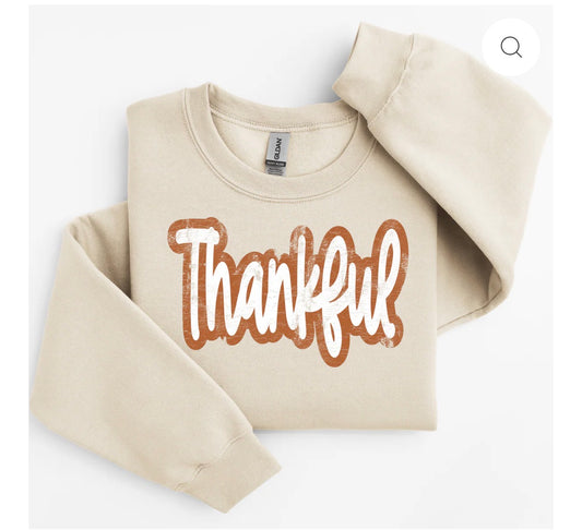 Sweater- Cream/Neutral Color Long Sleeve- Thankful Design Print, Sporty Cursiv Writing! Thanksgiving fave!