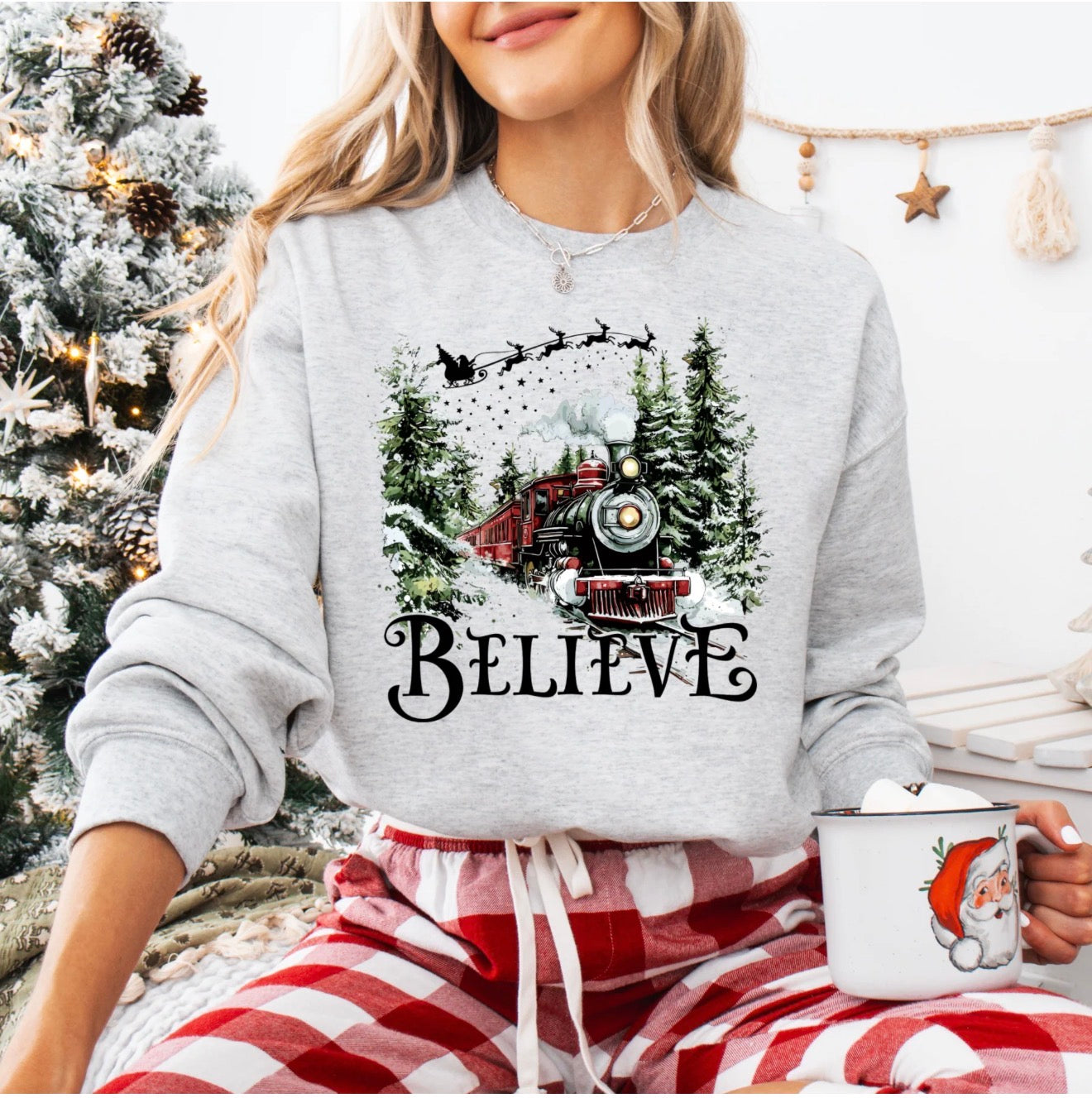 Ash Gray | Crew Long Sleeve Fleece Inside Sweatshirt - Believe - Train - Christmas- Holiday Design