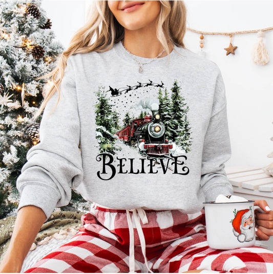 Ash Gray | Crew Long Sleeve Fleece Inside Sweatshirt - Believe - Train - Christmas- Holiday Design
