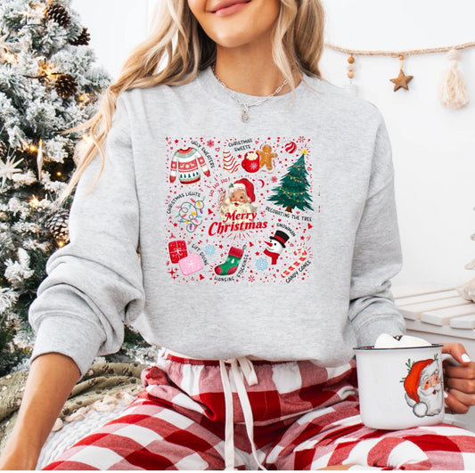Ash Gray Crew Long Sleeve - All The Christmas Things Collage Sweatshirt- Fleece-  Casual Holiday Wear