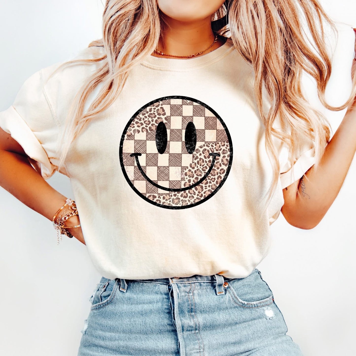 Smiley Graphic T-Shirt | Animal Print & Checkered | Ivory Color Shirt | Short Sleeve Shirt - Gildan Heavy Cotton Shirt Or Choose Comfort Colors Brand Shirt!