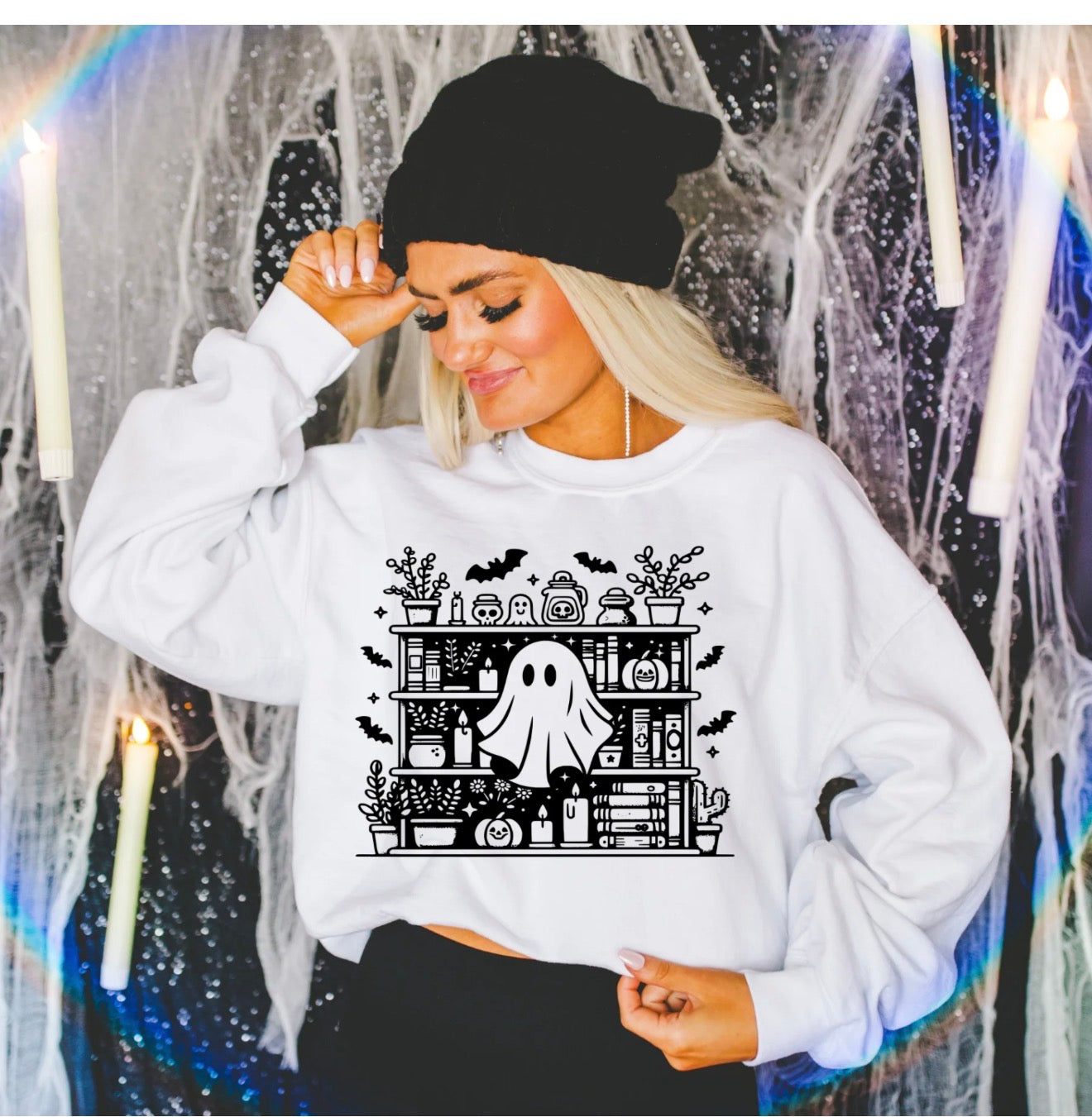Long Sleeve Sweatshirt | Sweater | Fleece | Gildan| Halloween Shirt | Ghost On Book Shelf | Or  Select T-Shirt!