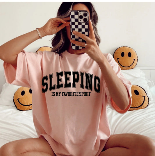 T-Shirt, Short Sleeve Light Pink With Sleeping Is My Favorite Sport Saying! Sporty Design!