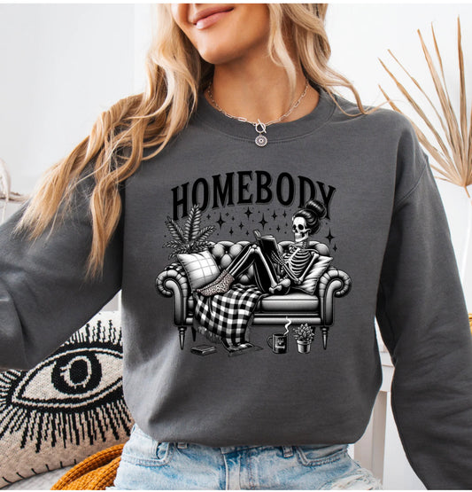Gray Long sleeve Sweater With Design Homebody Skeleton, Sassy & Comfortable!
