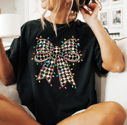 Christmas Bow T-Shirt, With Lights, Black Shirt!