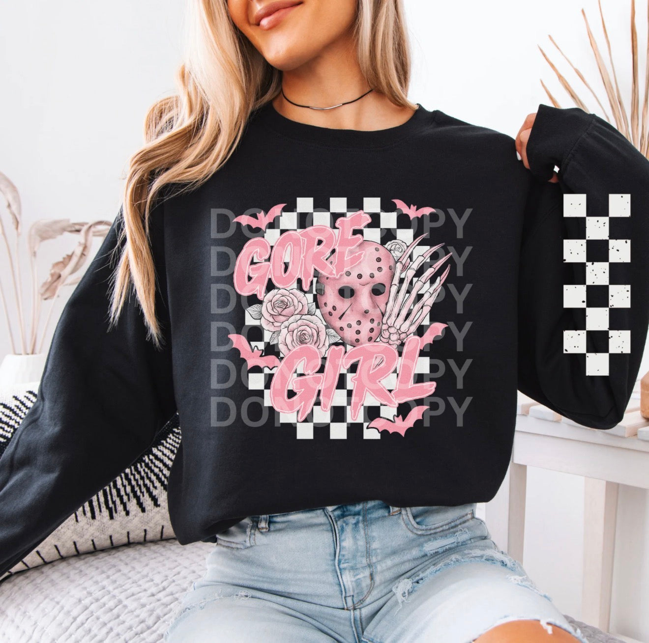 Halloween | T-Shirt or Sweatshirt | Long Sleeve | Jason| Pink Gore Girl | Checkered Print!