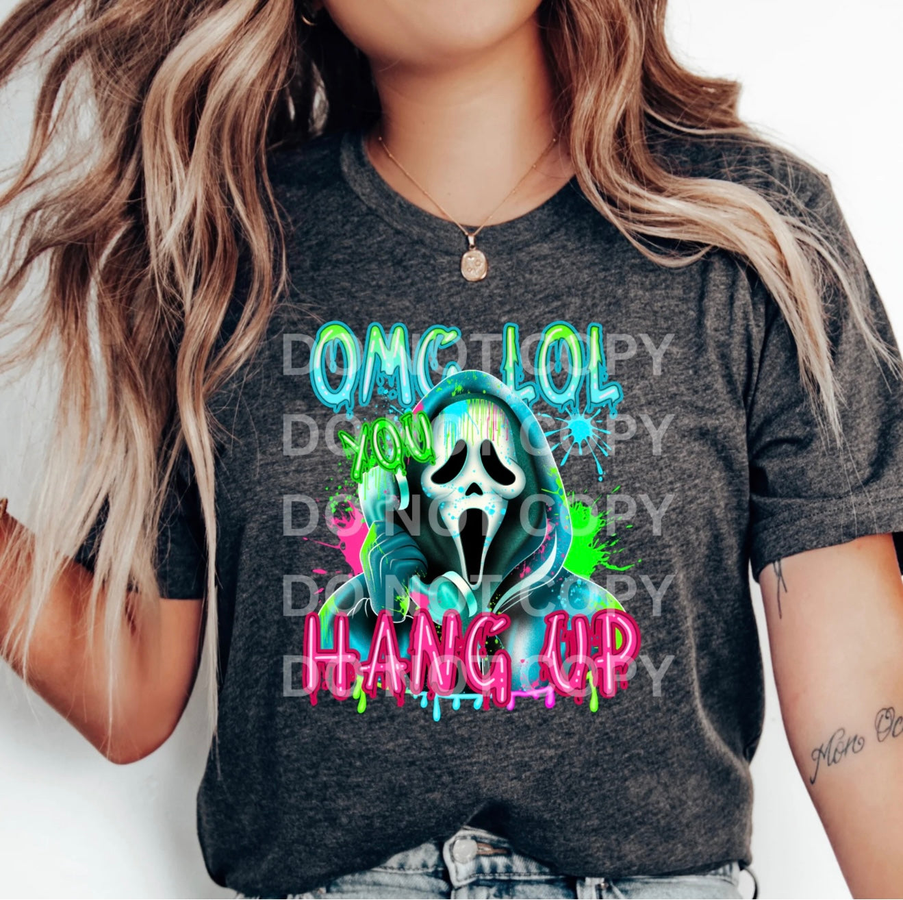 Graphic Short Sleeve T-Shirt - OMG LOL - Neon - You Hang Up - Scary Movie Design