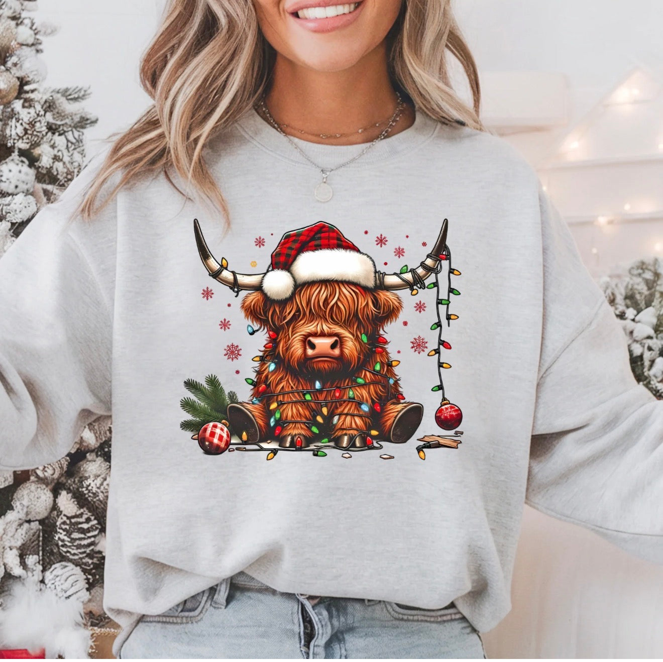 Highland Cow Christmas Long Sleeve Fleece Crew | Pull Over - Women’s Wear | Casual & Trendy Shirt!
