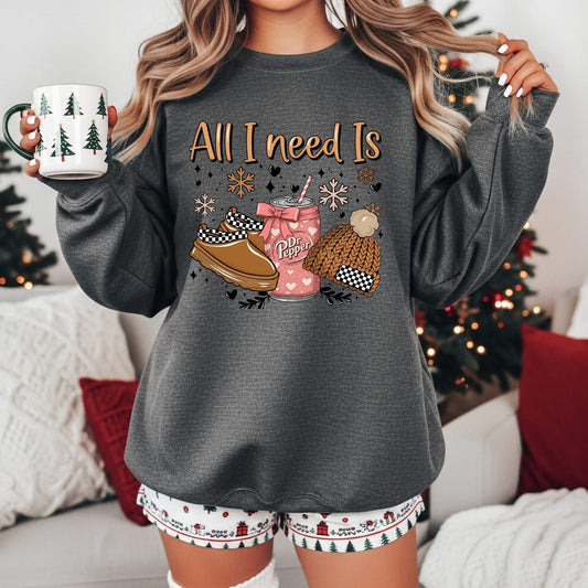 All I Need Christmas | Winter Gray Fleece Christmas Crewneck Sweatshirt | Long Sleeve | Pull Over