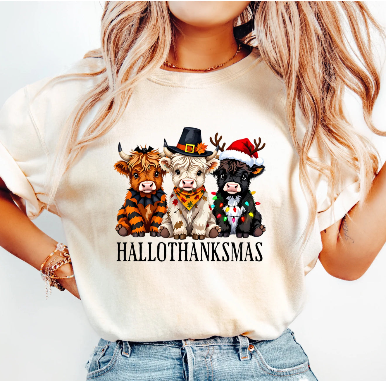 HALLOTHANKMAS- T-Shirt, Highland Cows, Halloween, Thanksgiving & Christmas all in one!
