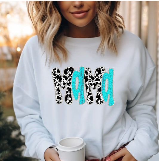 Western Mama | Long Sleeve Crew or Short Sleeve T-Shirt! - Cow Print/Teal Stone Print! Matte