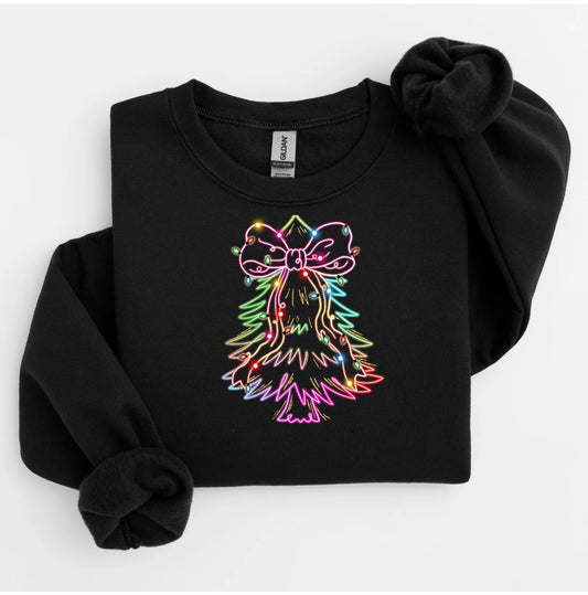 Long Sleeve with Neon Christmas Tree Design, Black