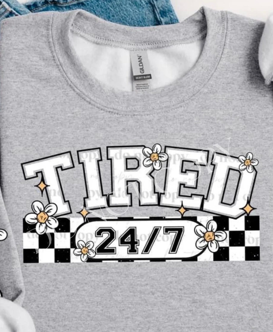 Graphic T-shirt or Long Sleeve Sweater, Gray| Tired 24/7! Fun Daisy's & Checkered Print!