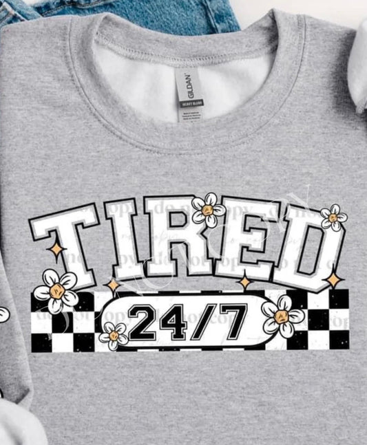 Graphic T-shirt or Long Sleeve Sweater, Gray| Tired 24/7! Fun Daisy's & Checkered Print!