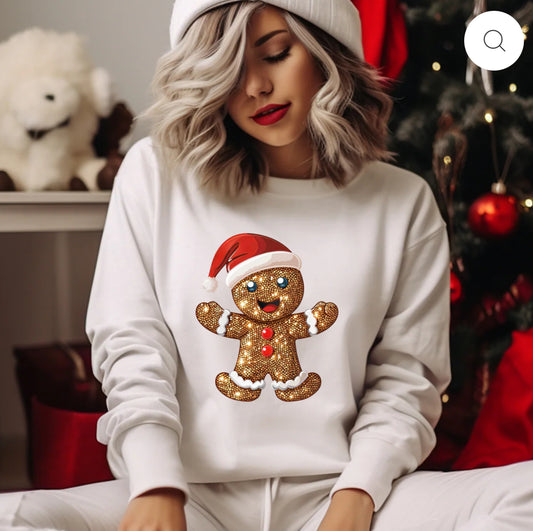 White Long Sleeve With Ginger bread-man Faux Sequins Design! Christmas Holiday Fave! Sweater
