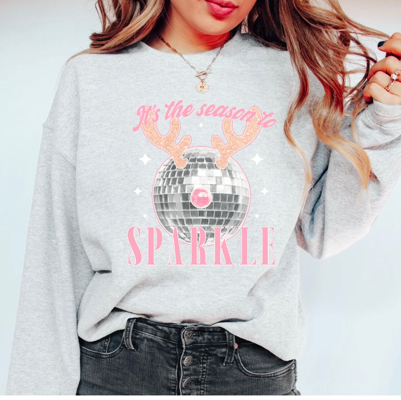 Ash Grey Long Sleeve- Crew Neck With Christmas Saying & Design! Disco | It’s The Season To Sparkle! Or T-Shirt!