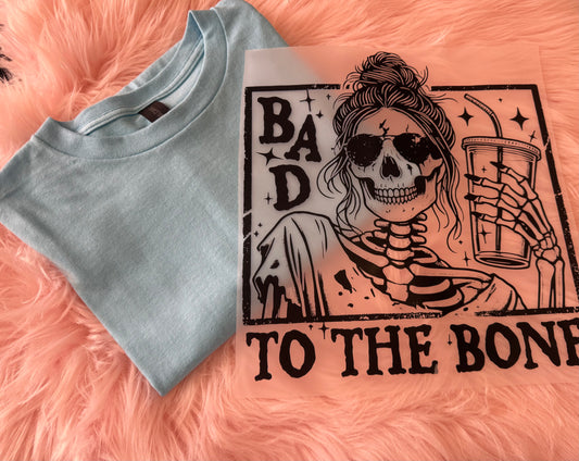 Bad To The Bone Skeleton T-Shirt, Light Blue Shirt! Skelly