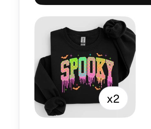 Black Long Sleeve Graphic Sweatshirt With Spooky Word, Neon Colors Drip Design & Bats! Perfect for Halloween!