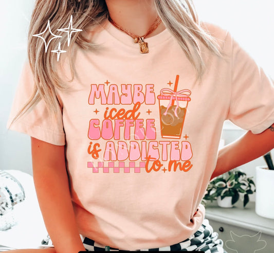 Graphic T-Shirt, Peach Colored| Glitter Design| Maybe Iced Coffee Is Addicted To Me| Checkered Print| Sassy Sayings