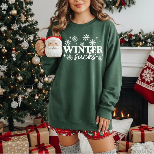 Winter Sucks Long Sleeve Fleece Christmas Winter Sweater | Crew | Pull Over | Forest Green Gildan