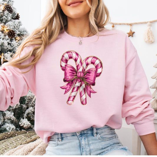 Crew Long Sleeve Fleece Sweatshirt- Candy Canes - Matte - Light Pink Gildan Shirt Top Casual Sweater