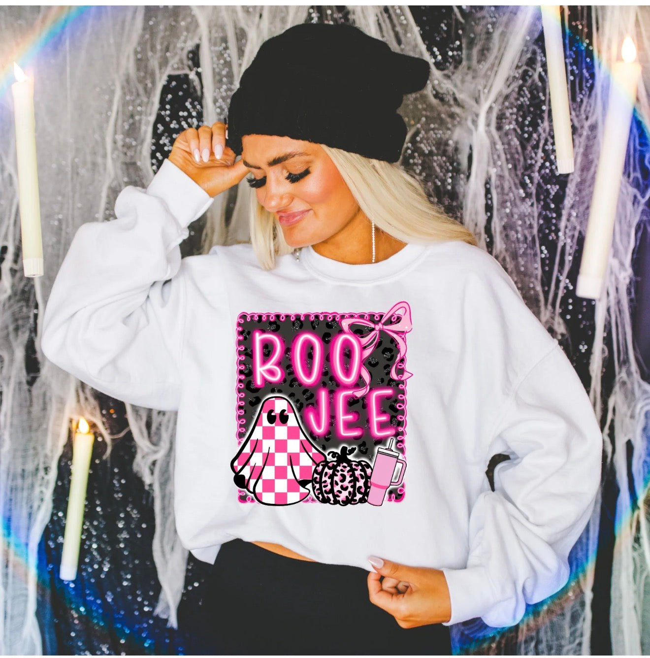 White Graphic T-Shirt or Boujee Sweatshirt With Ghosty Ghost & Pink Ribbon! Coquette & Tumbler!
