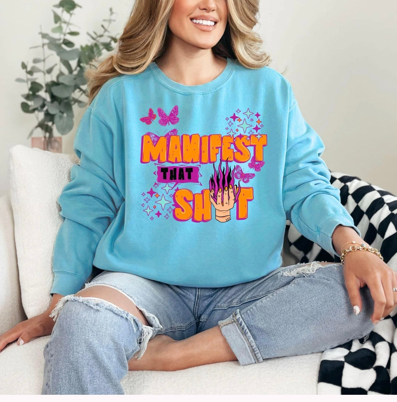 Graphic Long Sleeve Shirt| Light Blue| Glitter Design| Manifest That Shit with Butterflies