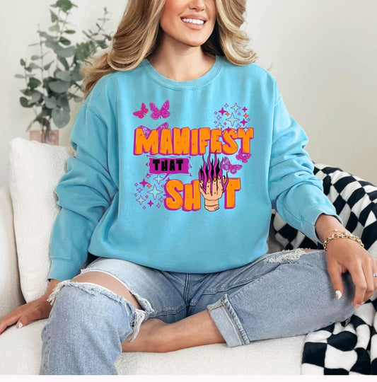 Graphic Long Sleeve Shirt| Light Blue| Glitter Design| Manifest That Shit with Butterflies