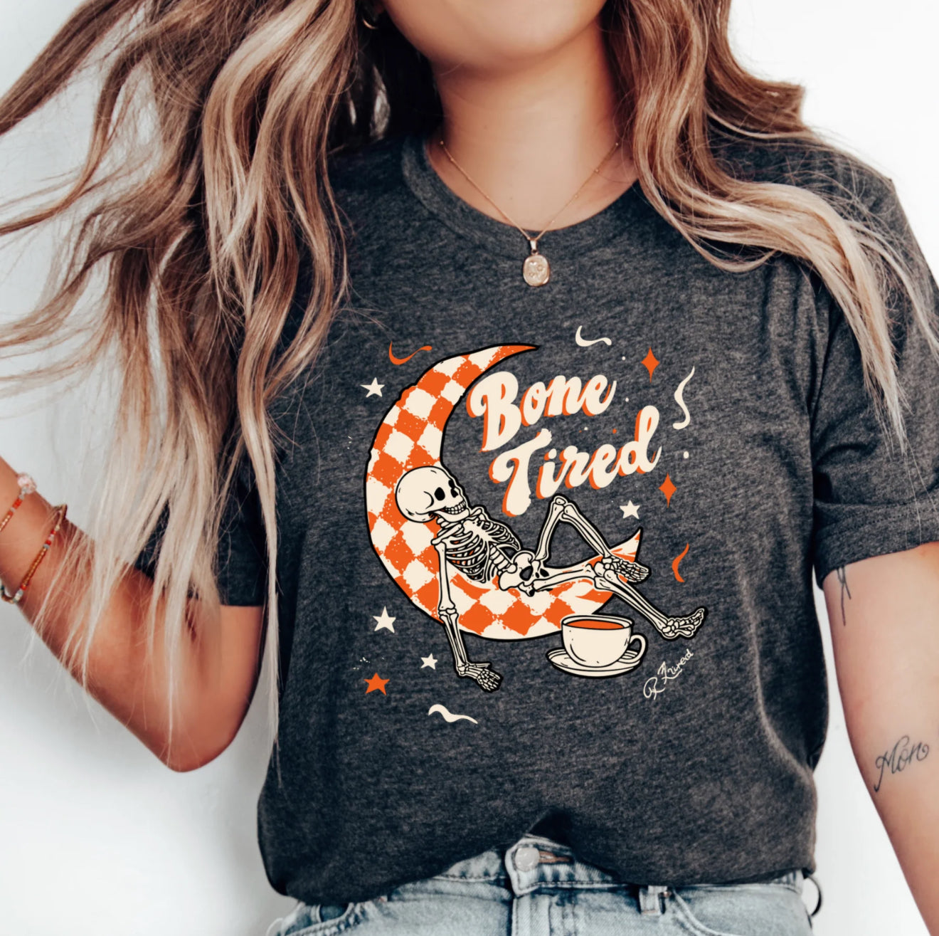 Bone Tired T-Shirt, Gray Shirt, Skeleton On The Moon!