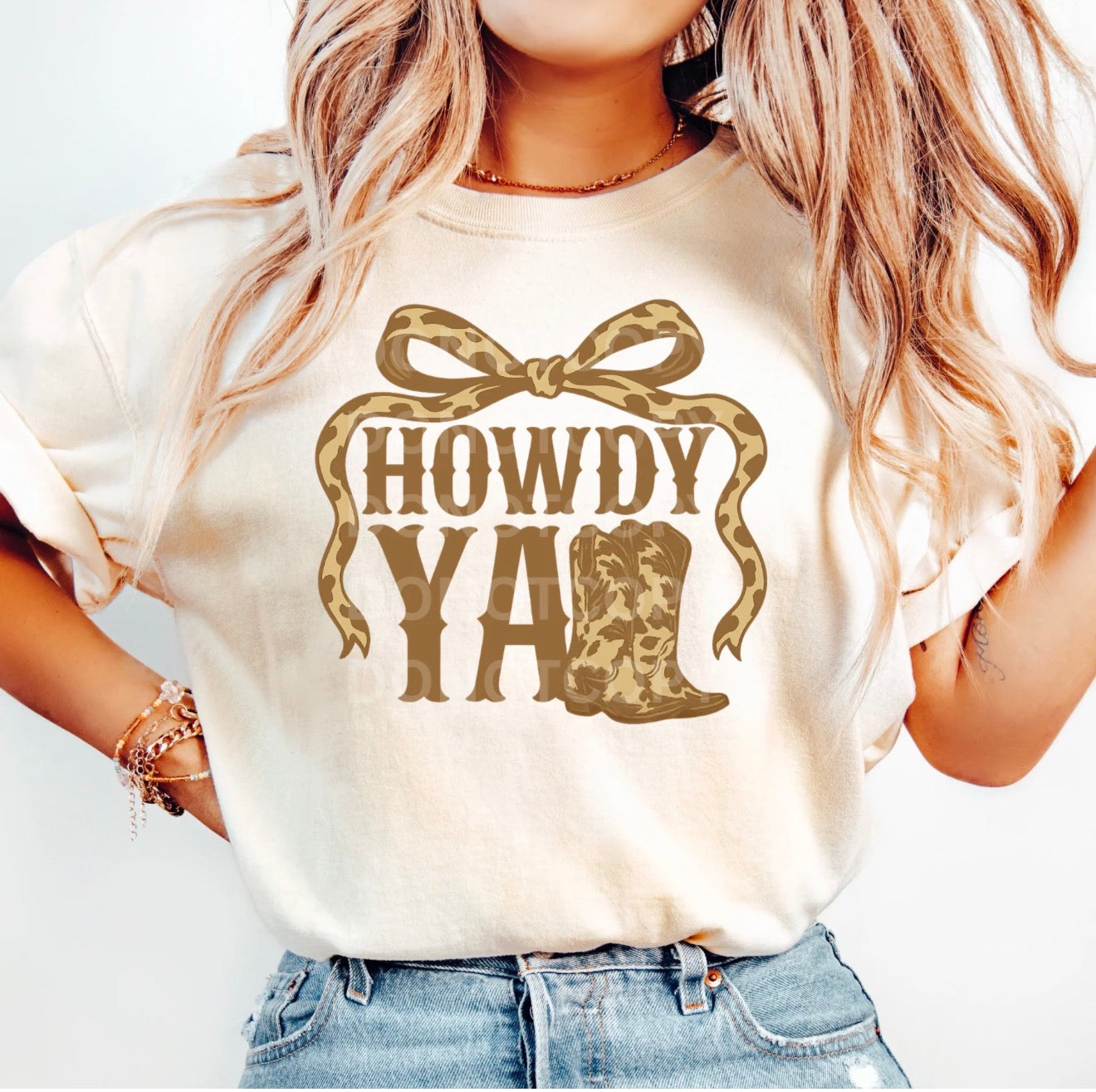T-Shirt | Short Sleeve Howdy Yall Boots & Cow Print Bow! Western Casual Tee|  Top