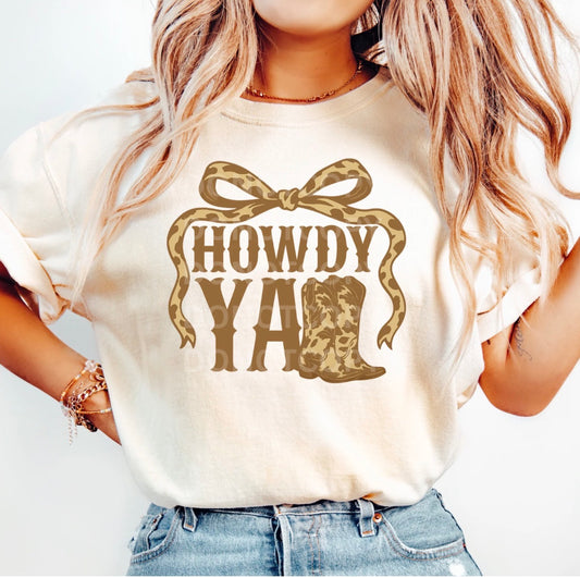 T-Shirt | Short Sleeve Howdy Yall Boots & Cow Print Bow! Western Casual Tee|  Top