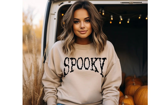 Light Tan/Sand Graphic Design Long sleeve, Reads “Spooky” | Halloween shirt!